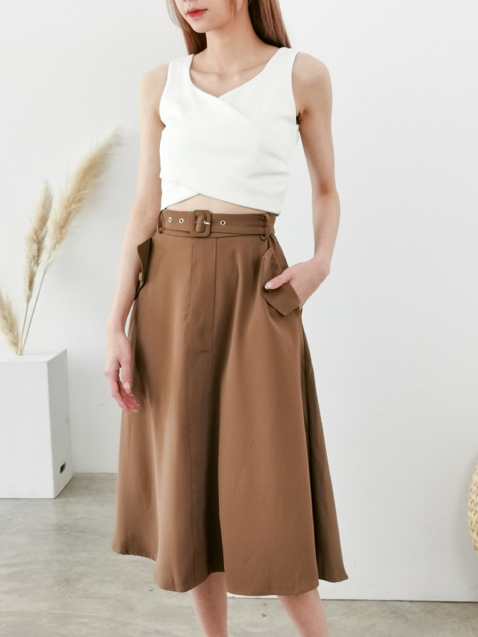 High Waist Side Pocket With Belt Skirt 24914