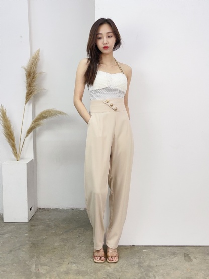 High Waist With Sling Button Long Pants 17256