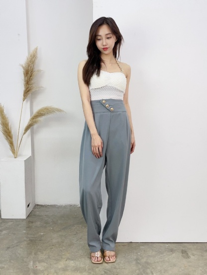 High Waist With Sling Button Long Pants 17256