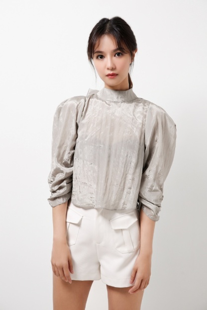 Textured Blouse With Back Collar Ribbon