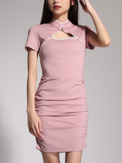 China Button Front Hole Side Pleated Dress Ac3 23