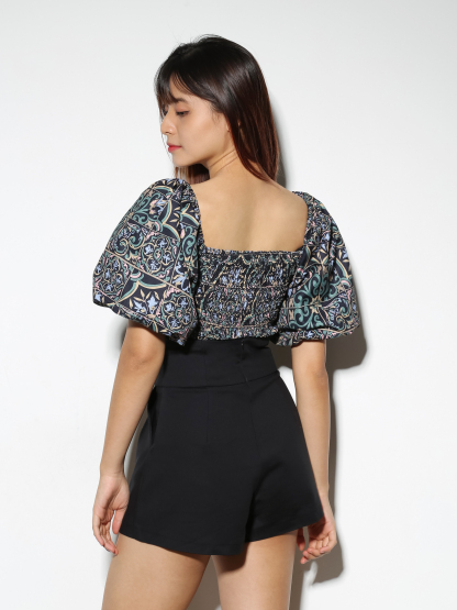 Off Shoulder Puff Sleeve Abstract Top 22514