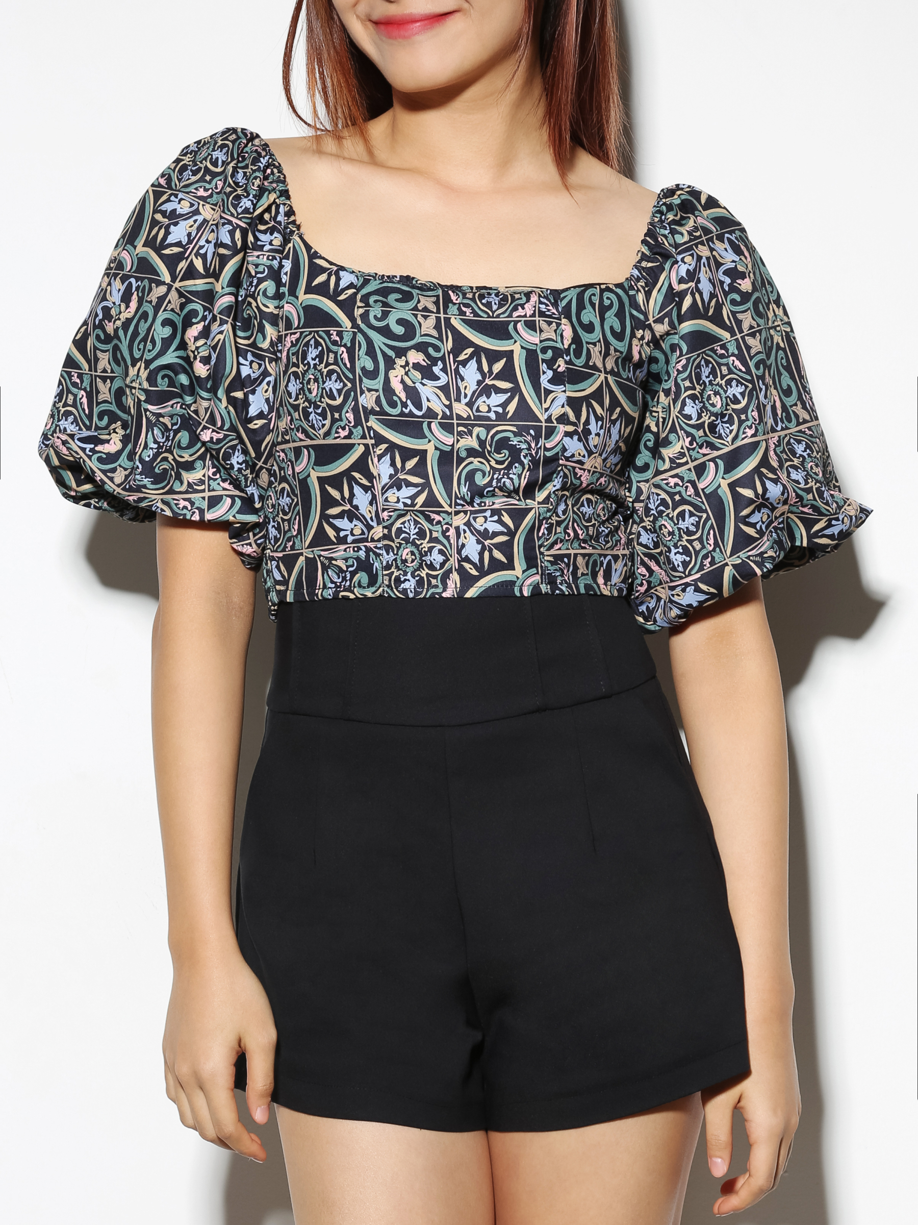 Off Shoulder Puff Sleeve Abstract Top 22514