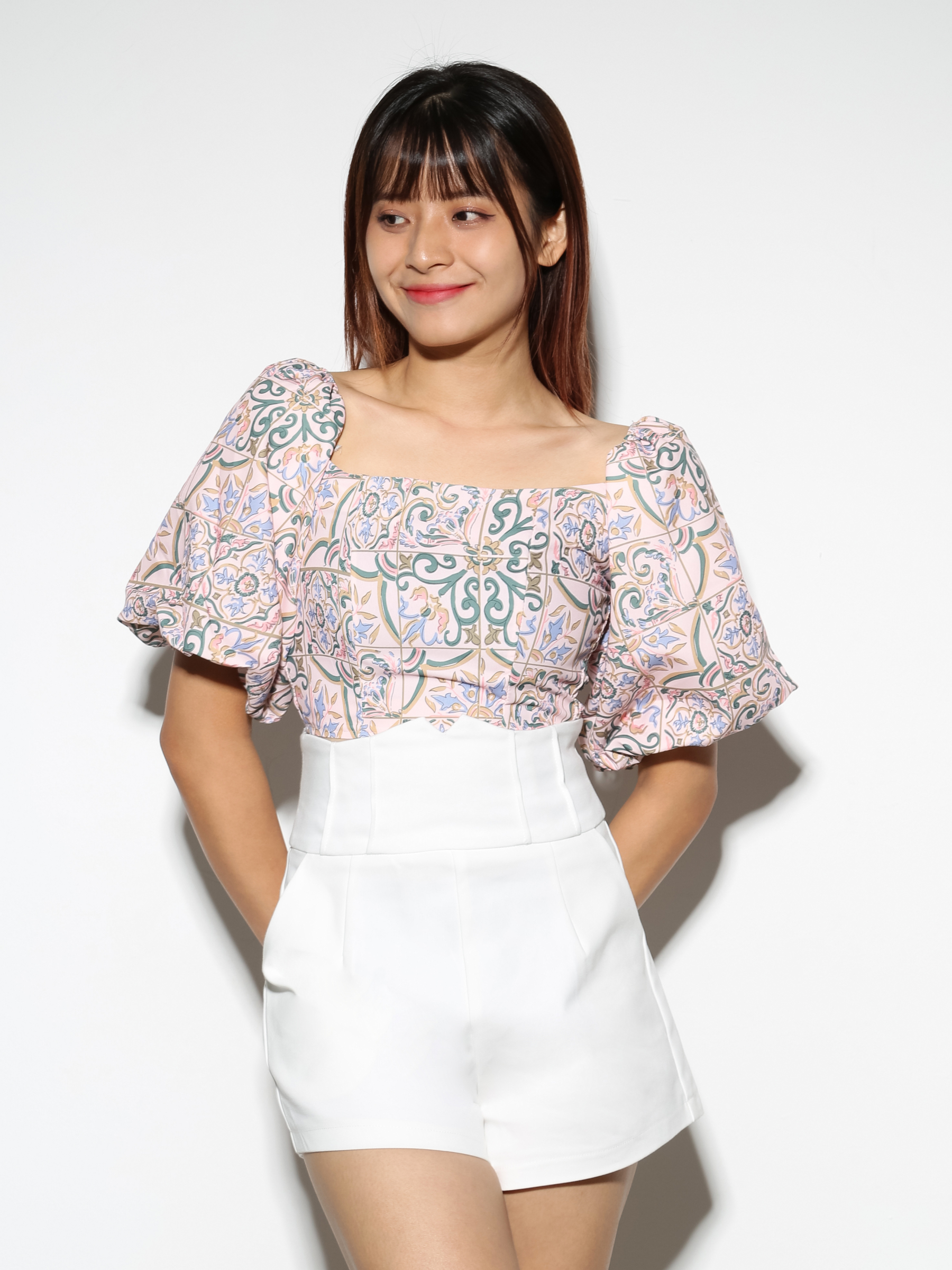 Off Shoulder Puff Sleeve Abstract Top 22514