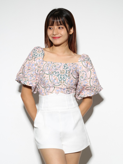 Off Shoulder Puff Sleeve Abstract Top 22514