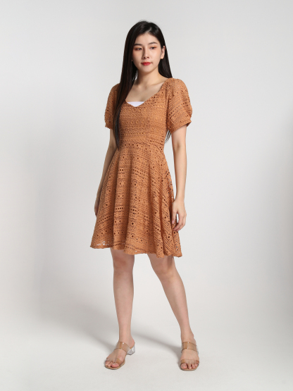 Lace Crochet Puff Short Sleeve Dress 22799