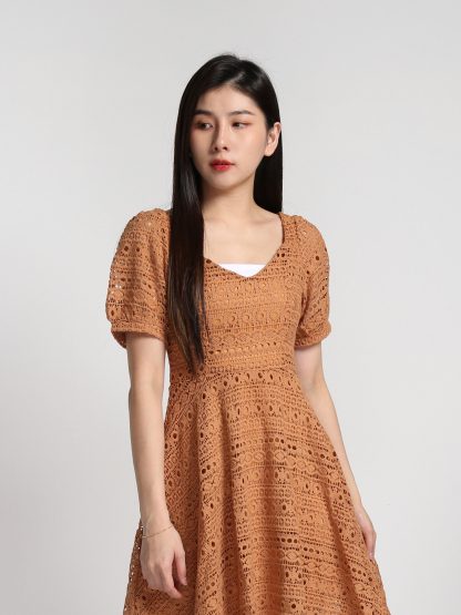 Lace Crochet Puff Short Sleeve Dress 22799