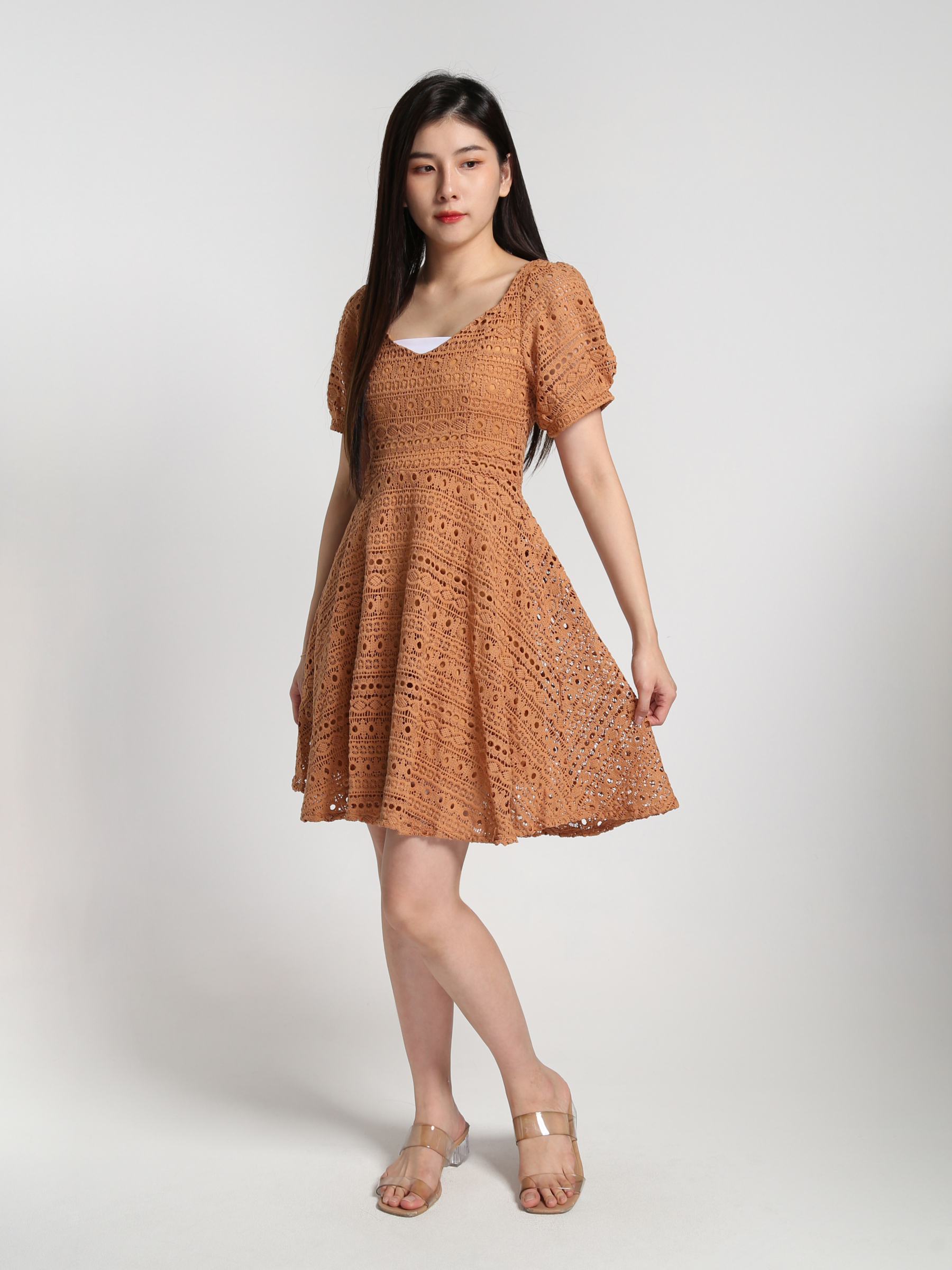 Lace Crochet Puff Short Sleeve Dress 22799