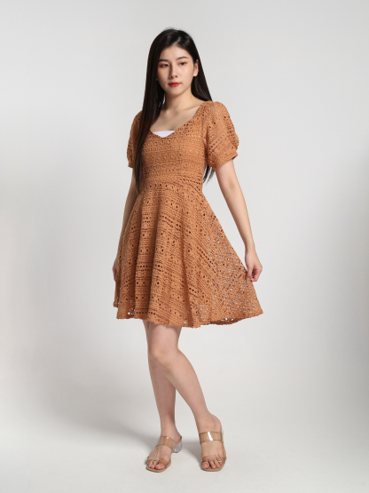 Lace Crochet Puff Short Sleeve Dress 22799