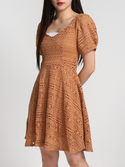 Lace Crochet Puff Short Sleeve Dress 22799