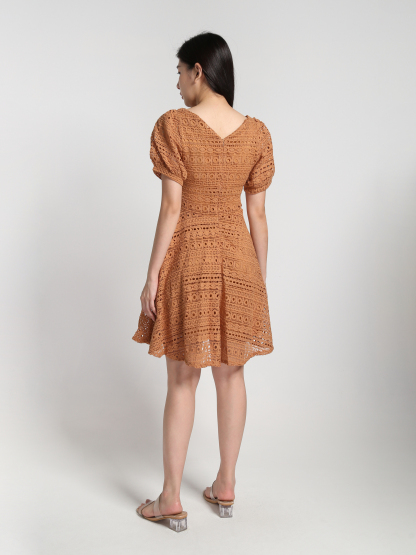 Lace Crochet Puff Short Sleeve Dress 22799