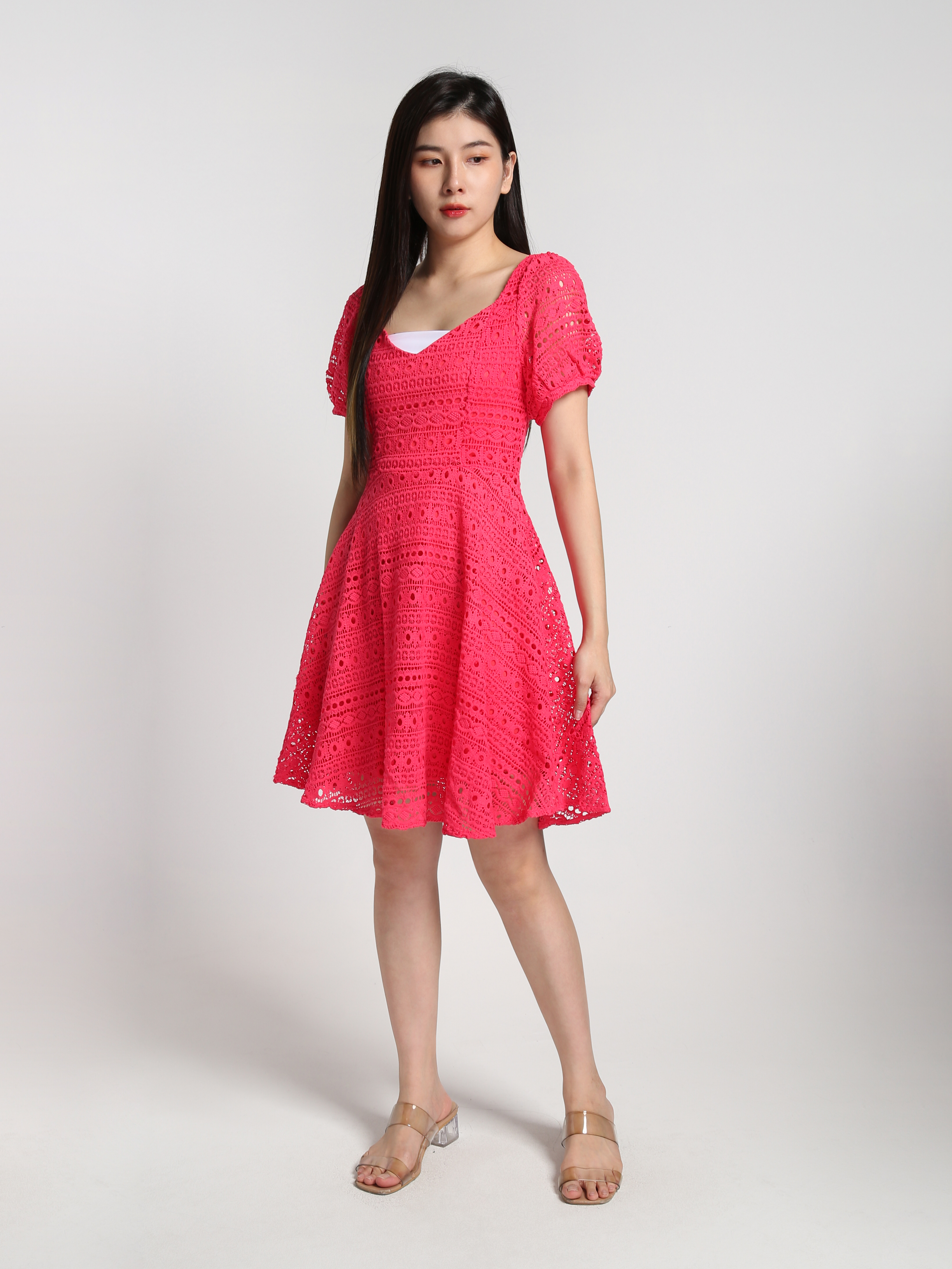 Lace Crochet Puff Short Sleeve Dress 22799