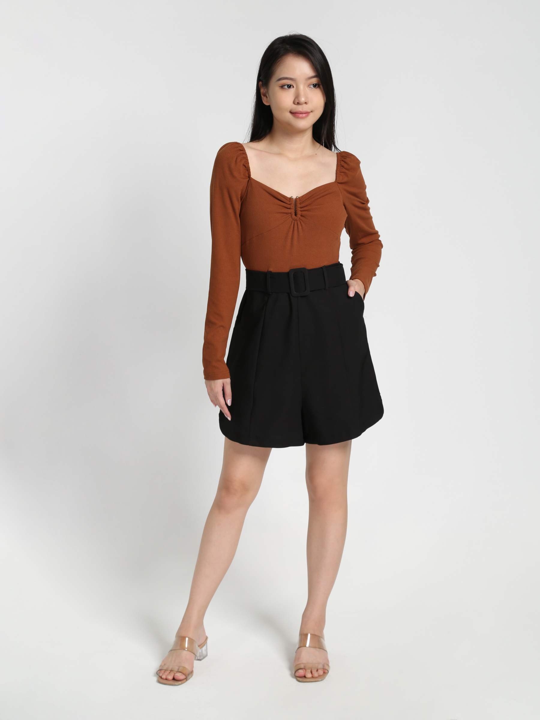 Two Tone Knitted Sweetheart Neckline With Decorative Gold Buckle With Belt Jumpsuit 23017