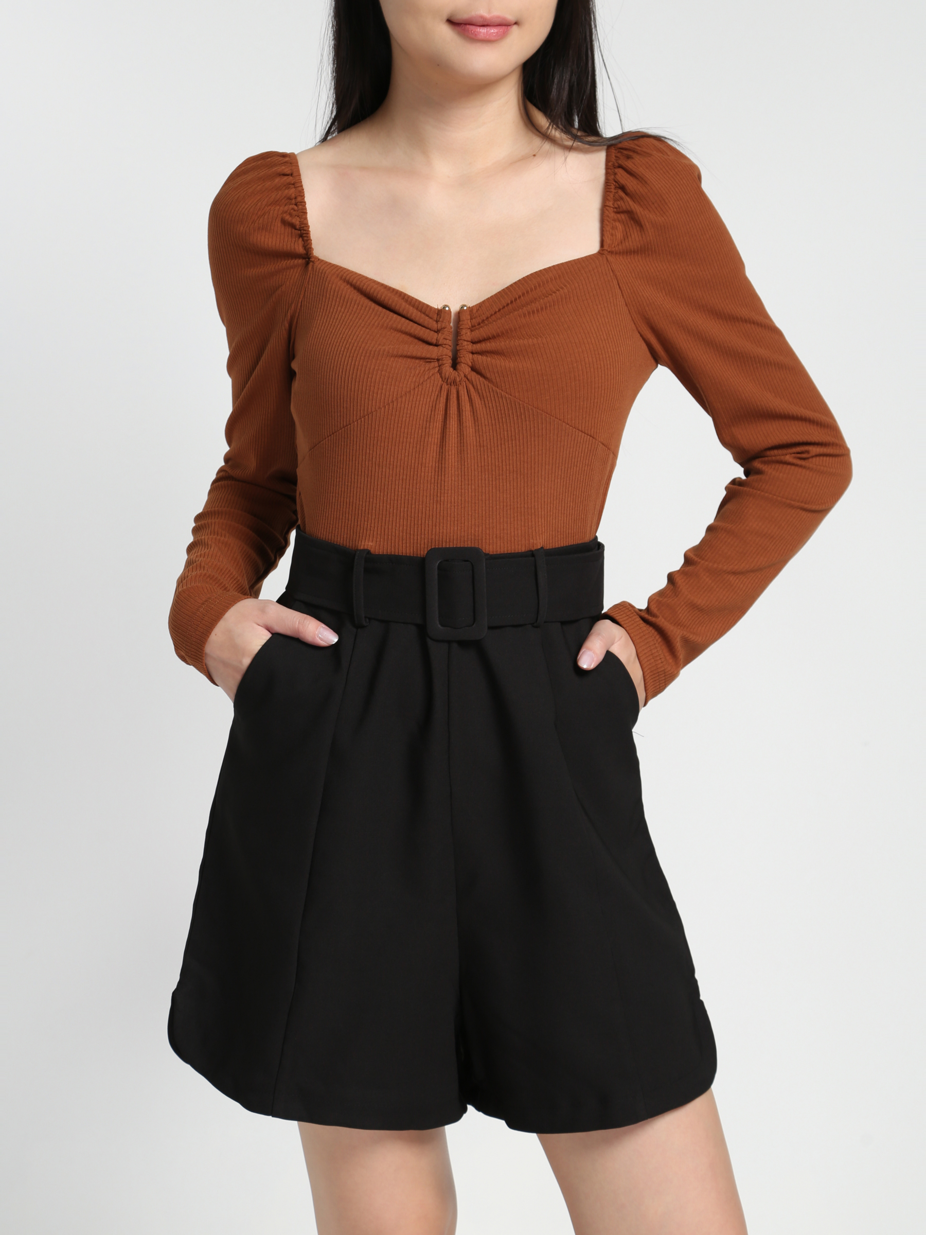 Two Tone Knitted Sweetheart Neckline With Decorative Gold Buckle With Belt Jumpsuit 23017