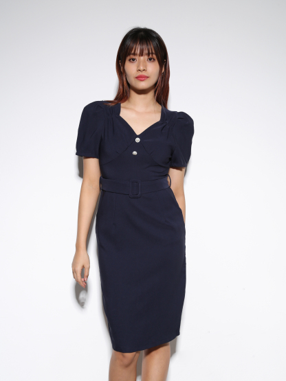 Sweetheart Neckline Side Pocket With Belt Dress 23018