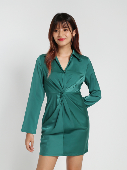 Satin Collar V Neck Twist Dress 23044