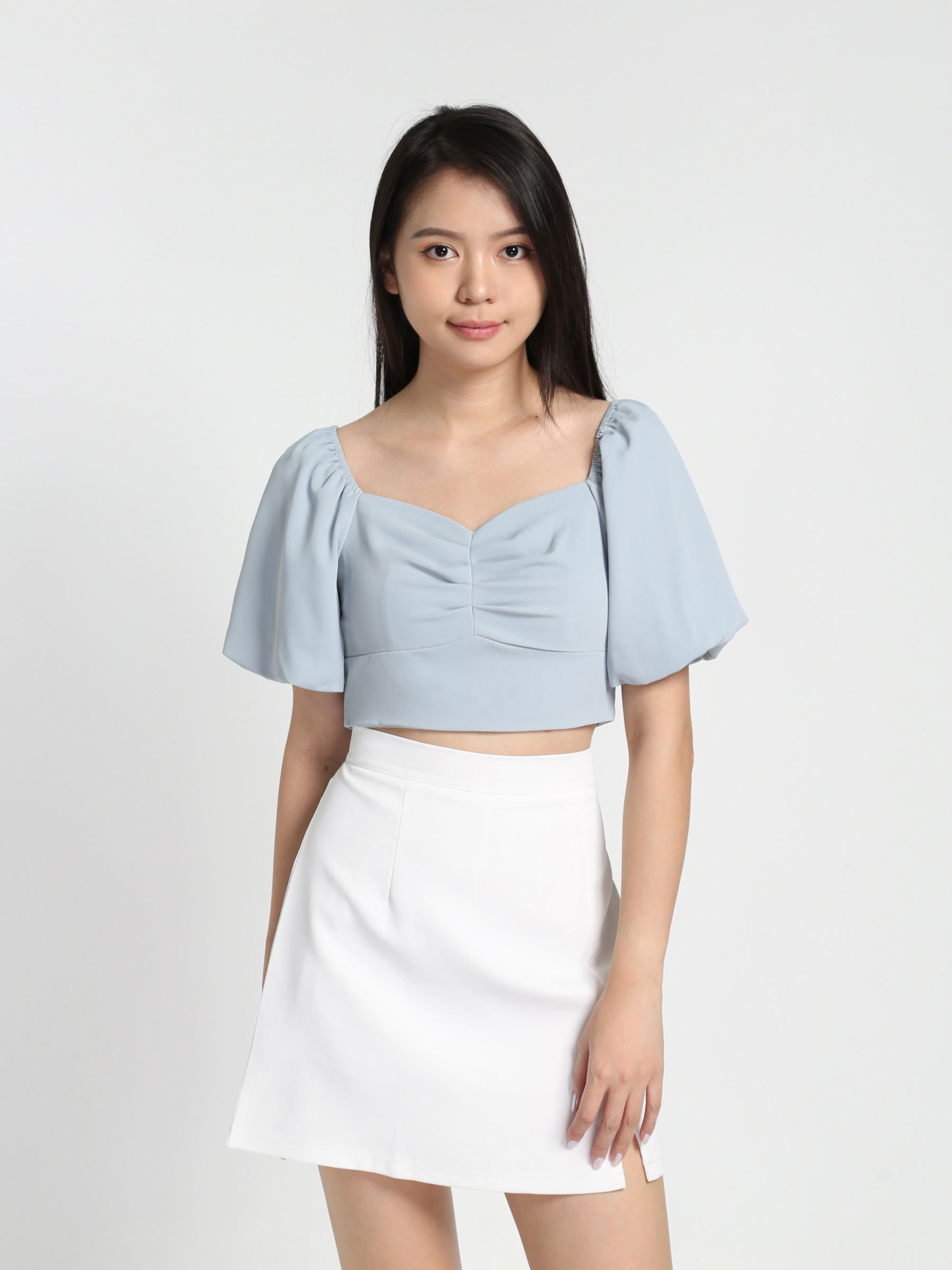 Sweetheart Neckline Puff Sleeve Back Stretchable Top 23135