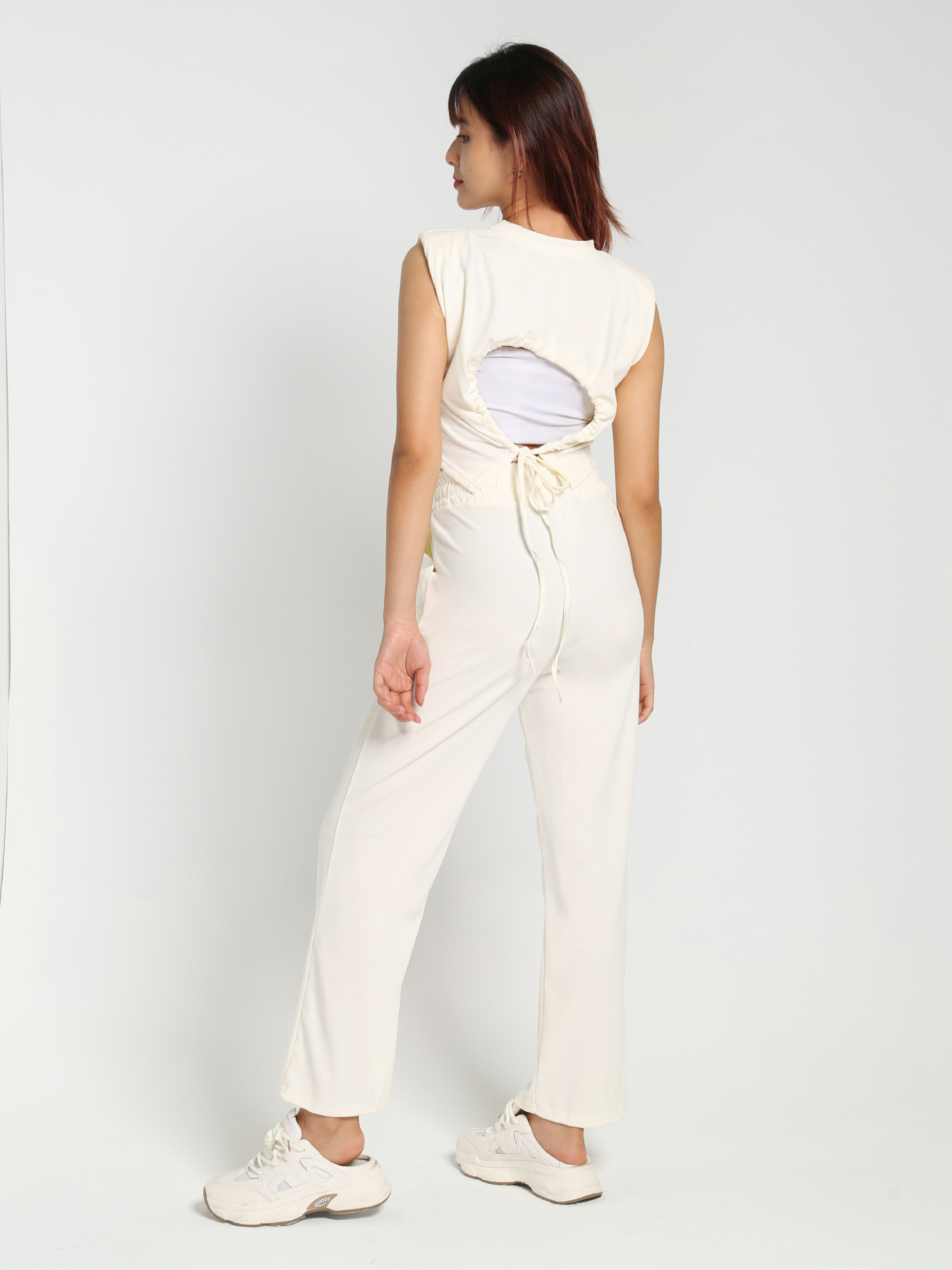 Sleeveless Back Tie Up Top With Long Pants Set 23170