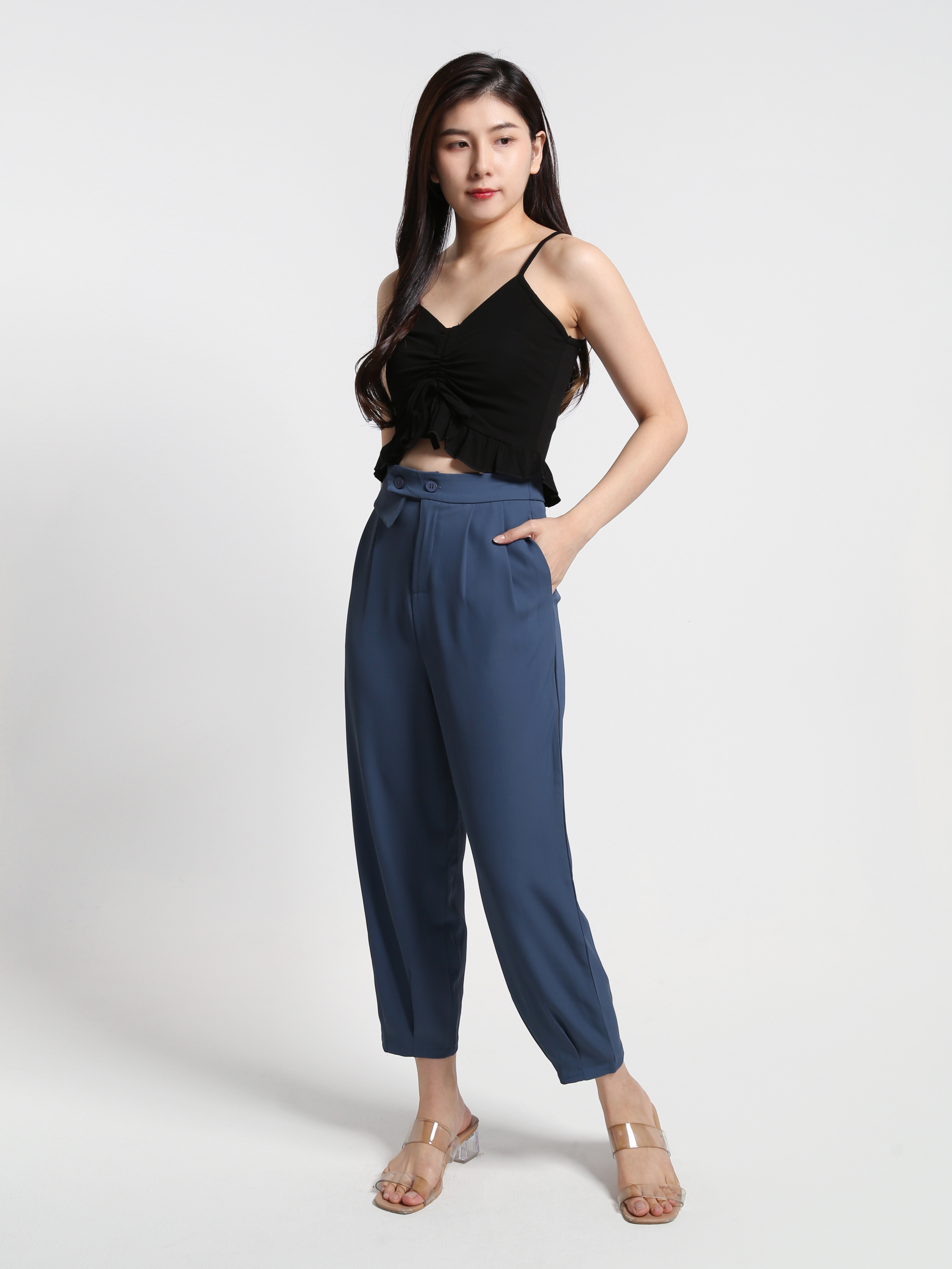 High Waist Front Button Pleated Long Pant 23759