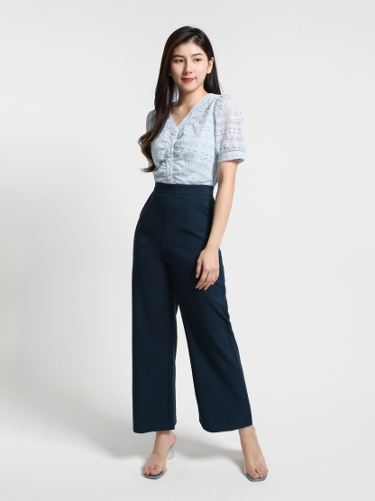 Two Tone Lace Top With Side Pocket Long Pants Set 23564