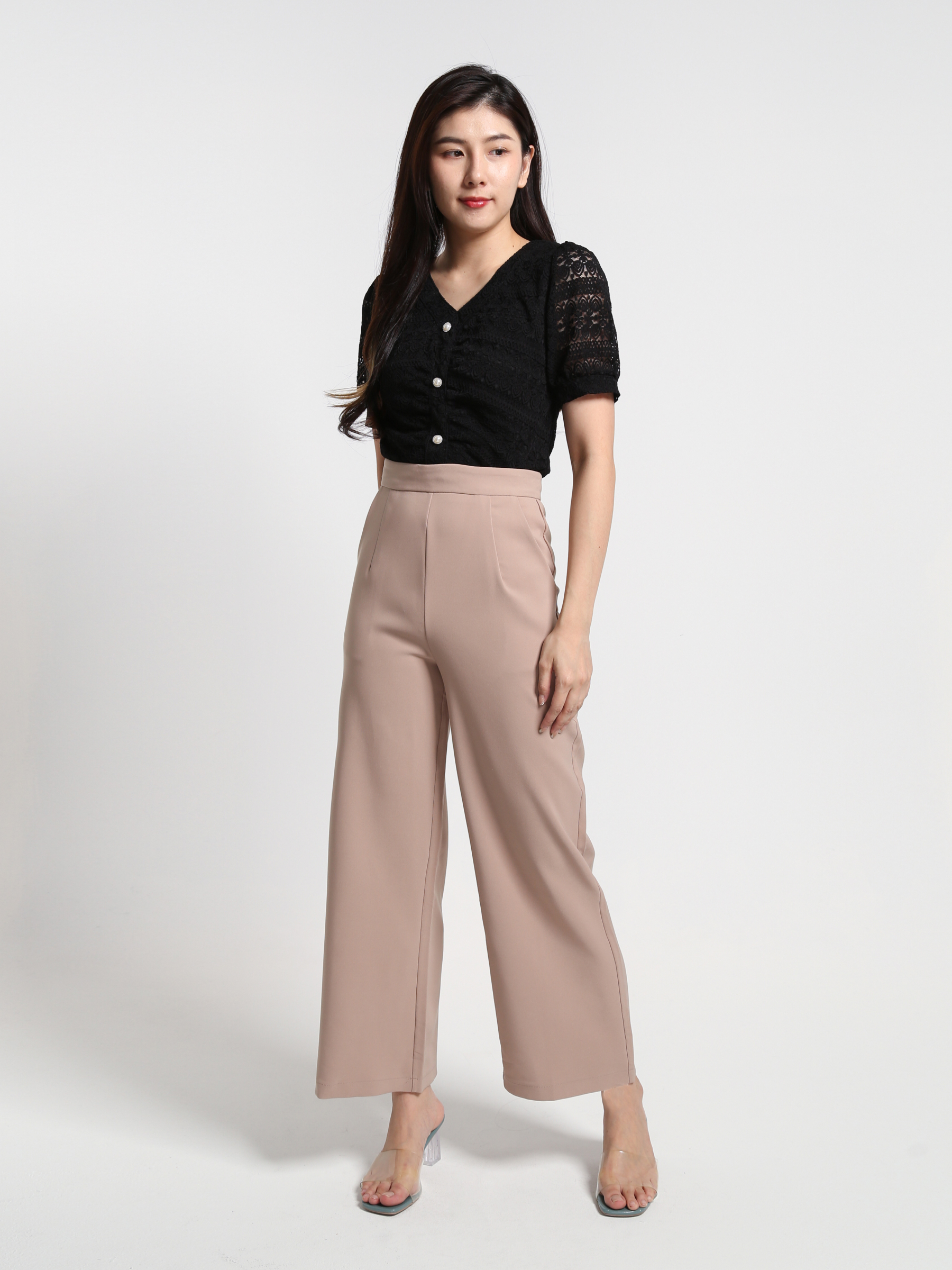 Two Tone Lace Top With Side Pocket Long Pants Set 23564
