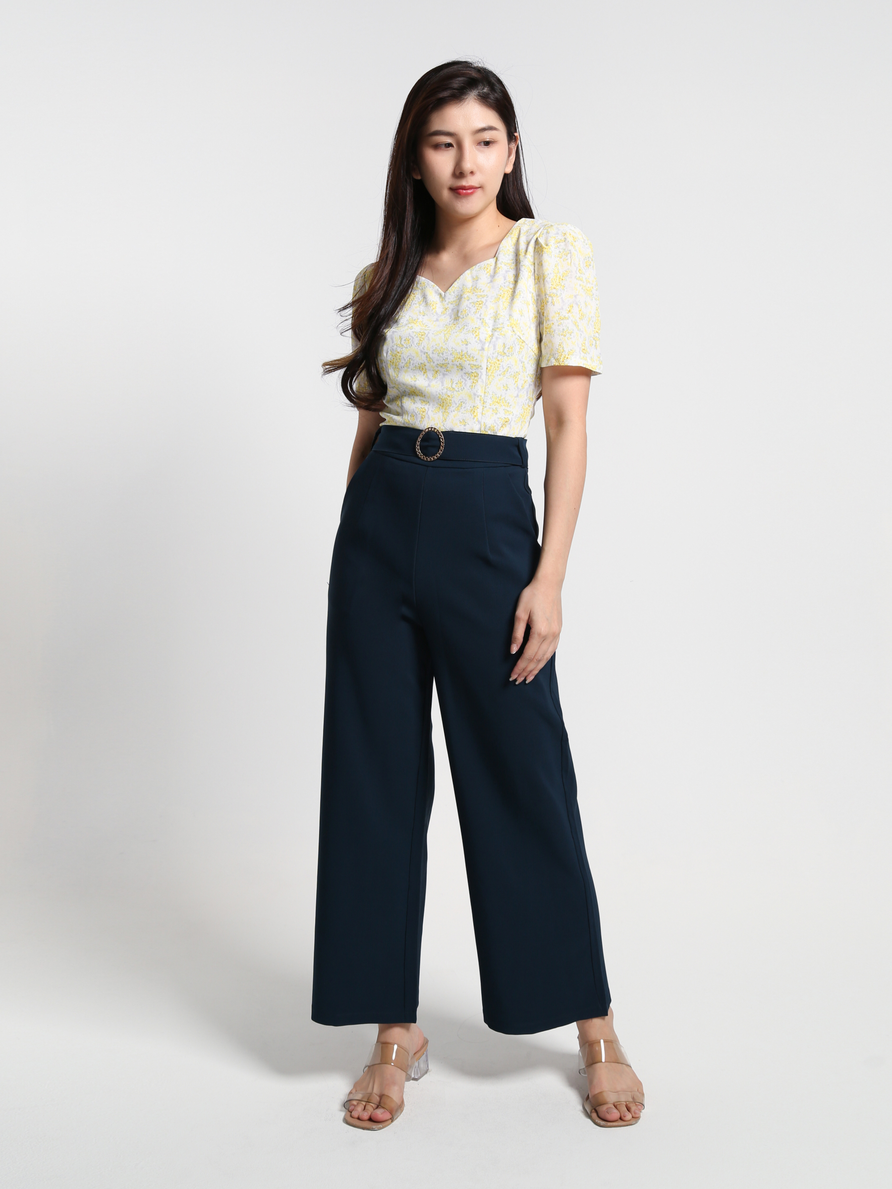 Floral Top With Belt Long Pants Set 23565