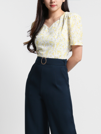 Floral Top With Belt Long Pants Set 23565