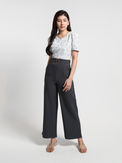 Floral Top With Belt Long Pants Set 23565