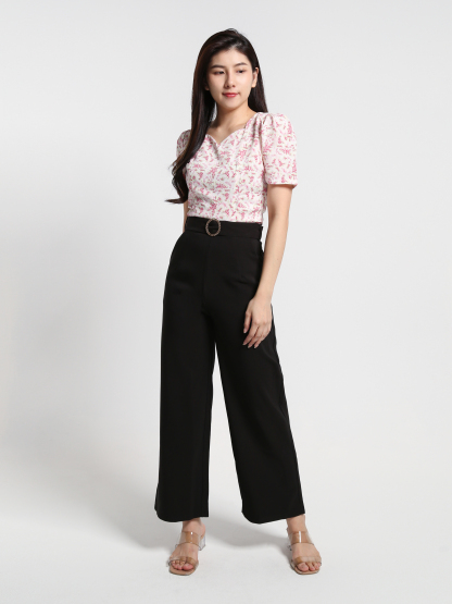 Floral Top With Belt Long Pants Set 23565