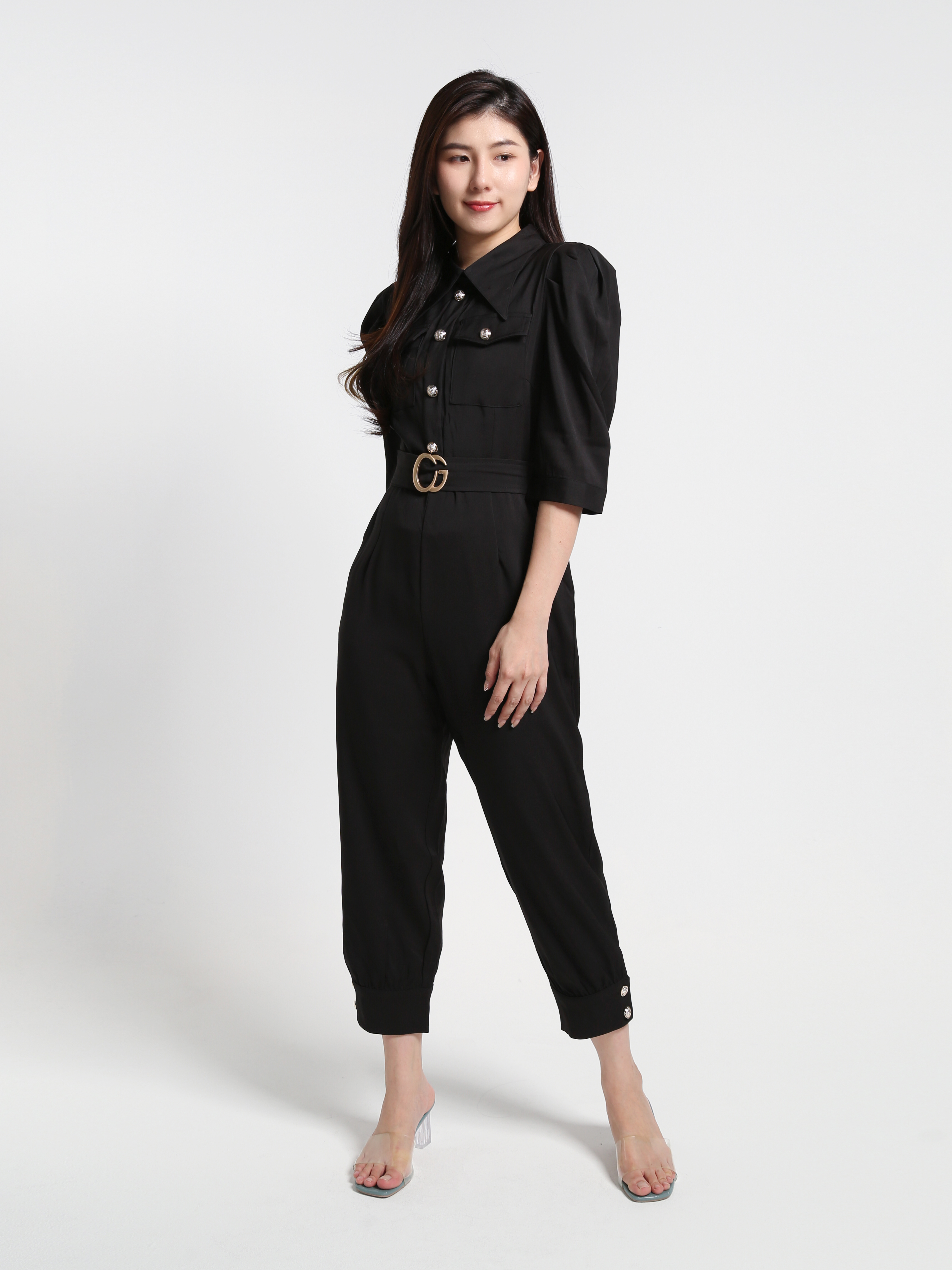 Coller Short Sleeve Belt Front Pocket Jumpsuit 23682