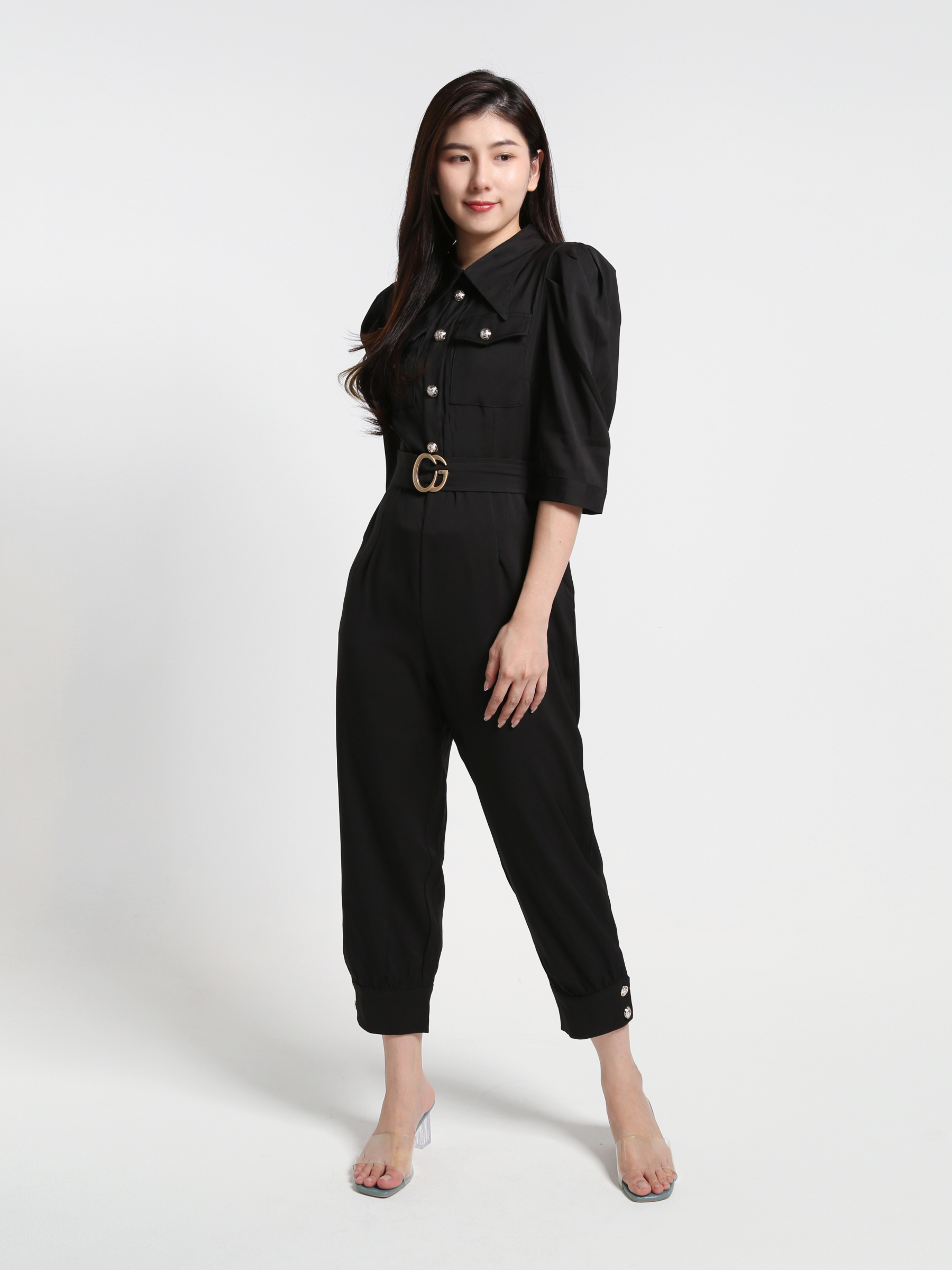 Coller Short Sleeve Belt Front Pocket Jumpsuit 23682