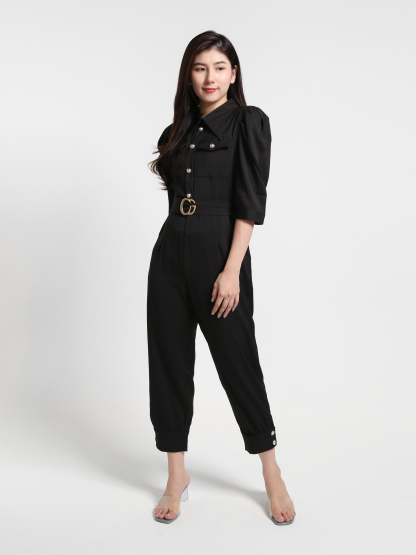 Coller Short Sleeve Belt Front Pocket Jumpsuit 23682