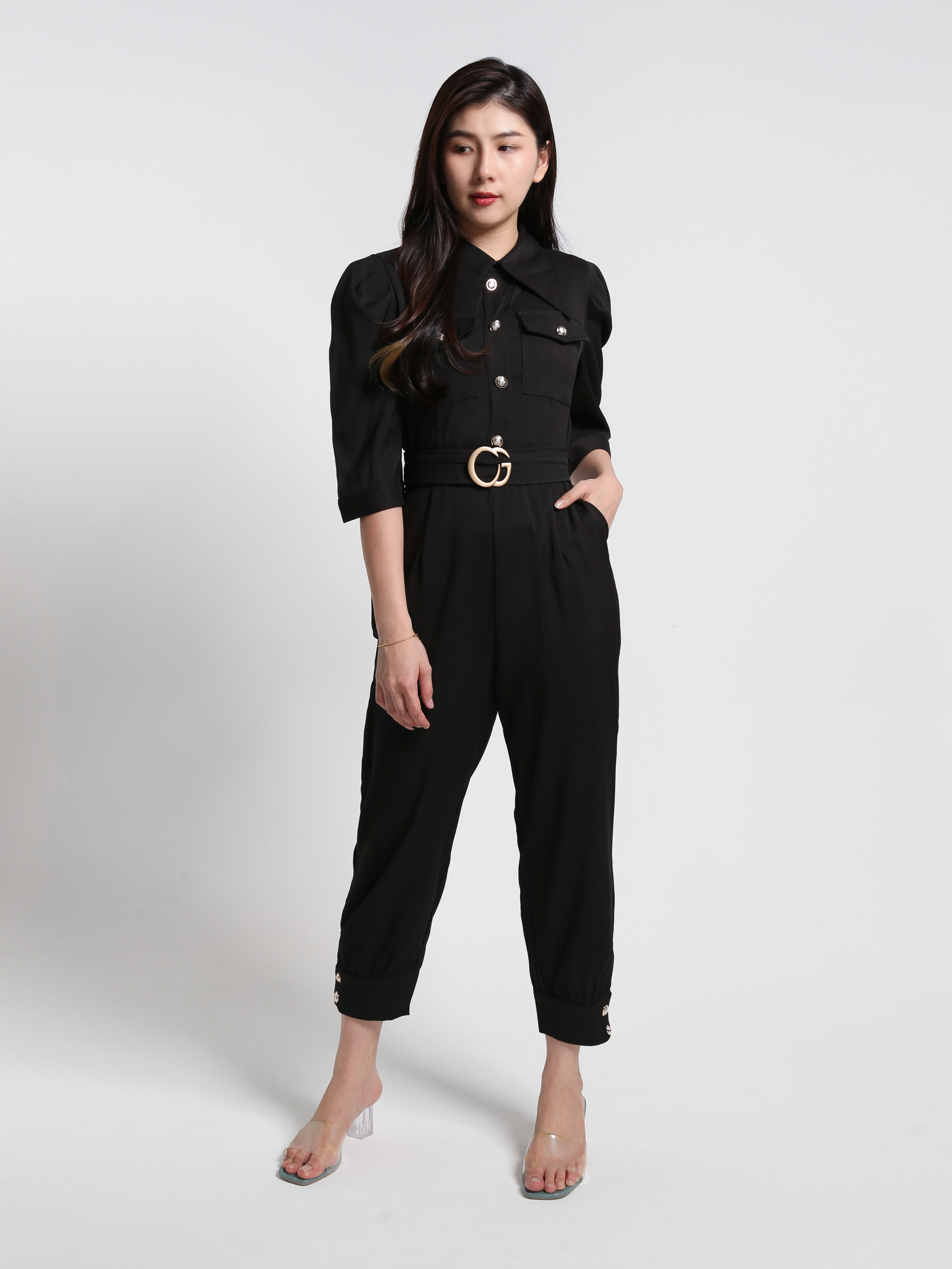 Coller Short Sleeve Belt Front Pocket Jumpsuit 23682