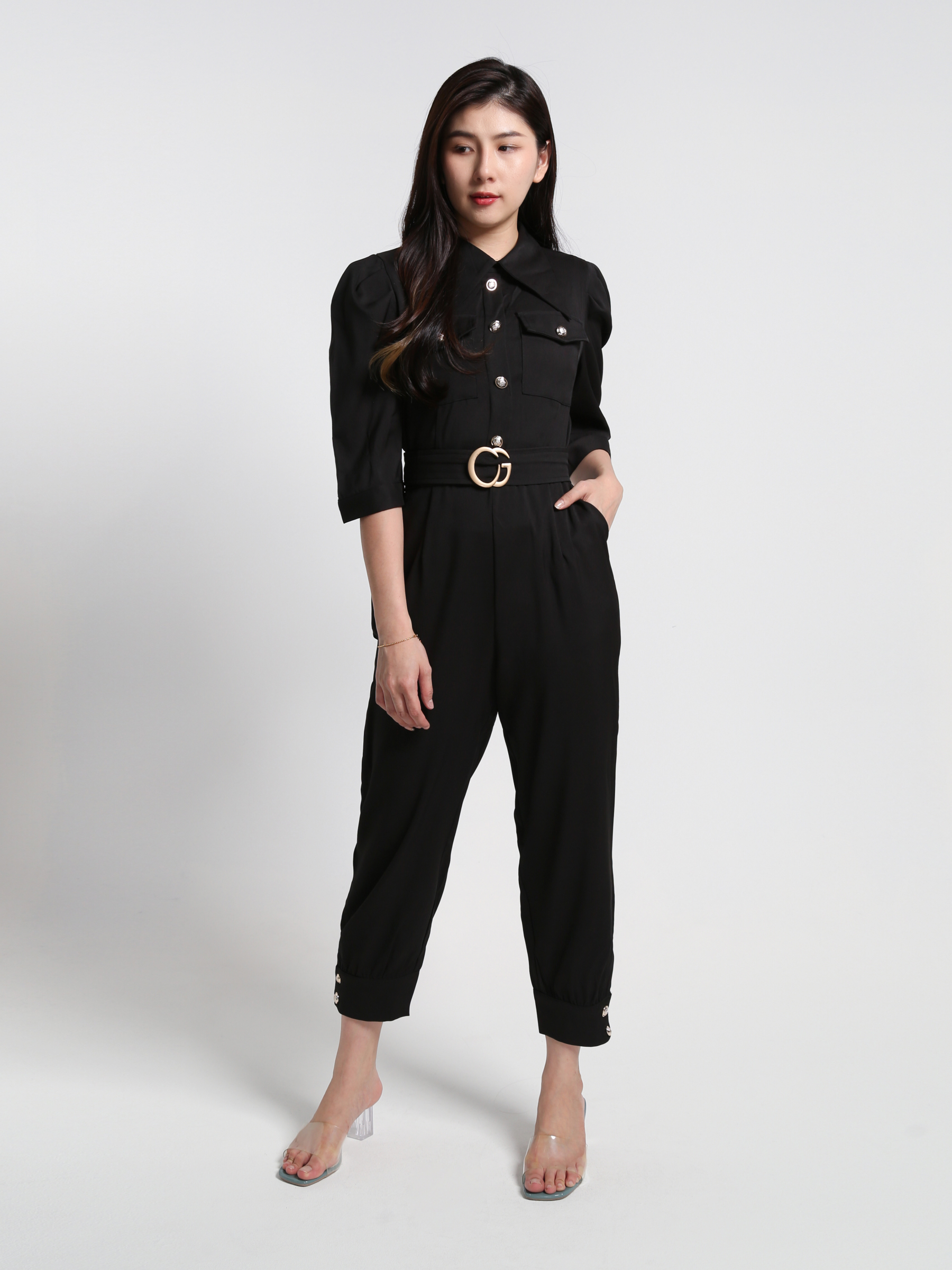 Coller Short Sleeve Belt Front Pocket Jumpsuit 23682