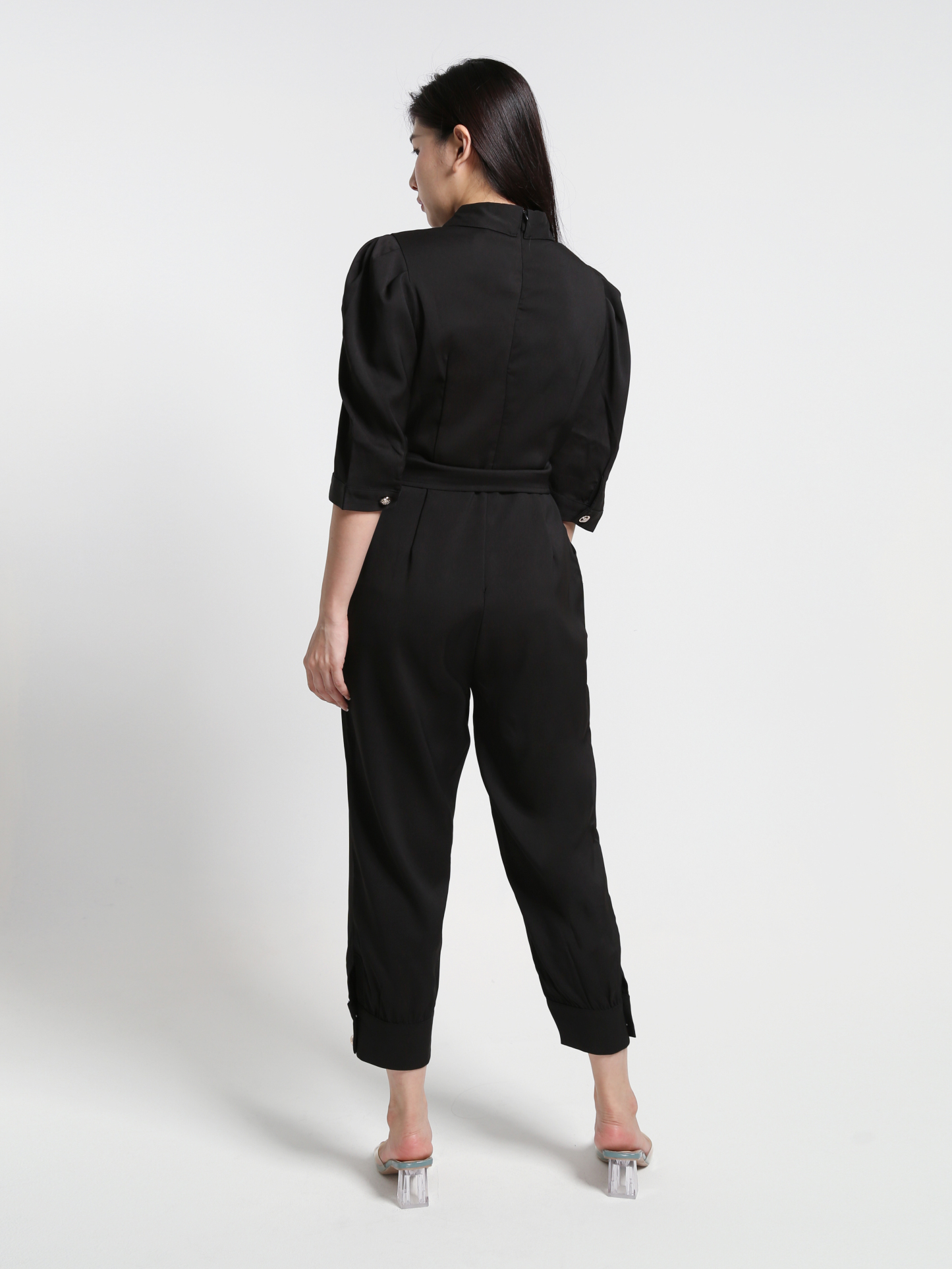 Coller Short Sleeve Belt Front Pocket Jumpsuit 23682