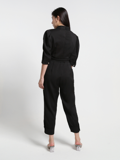 Coller Short Sleeve Belt Front Pocket Jumpsuit 23682