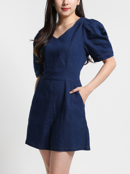 Denim Back Zip Short Sleeve Jumpsuit 23692