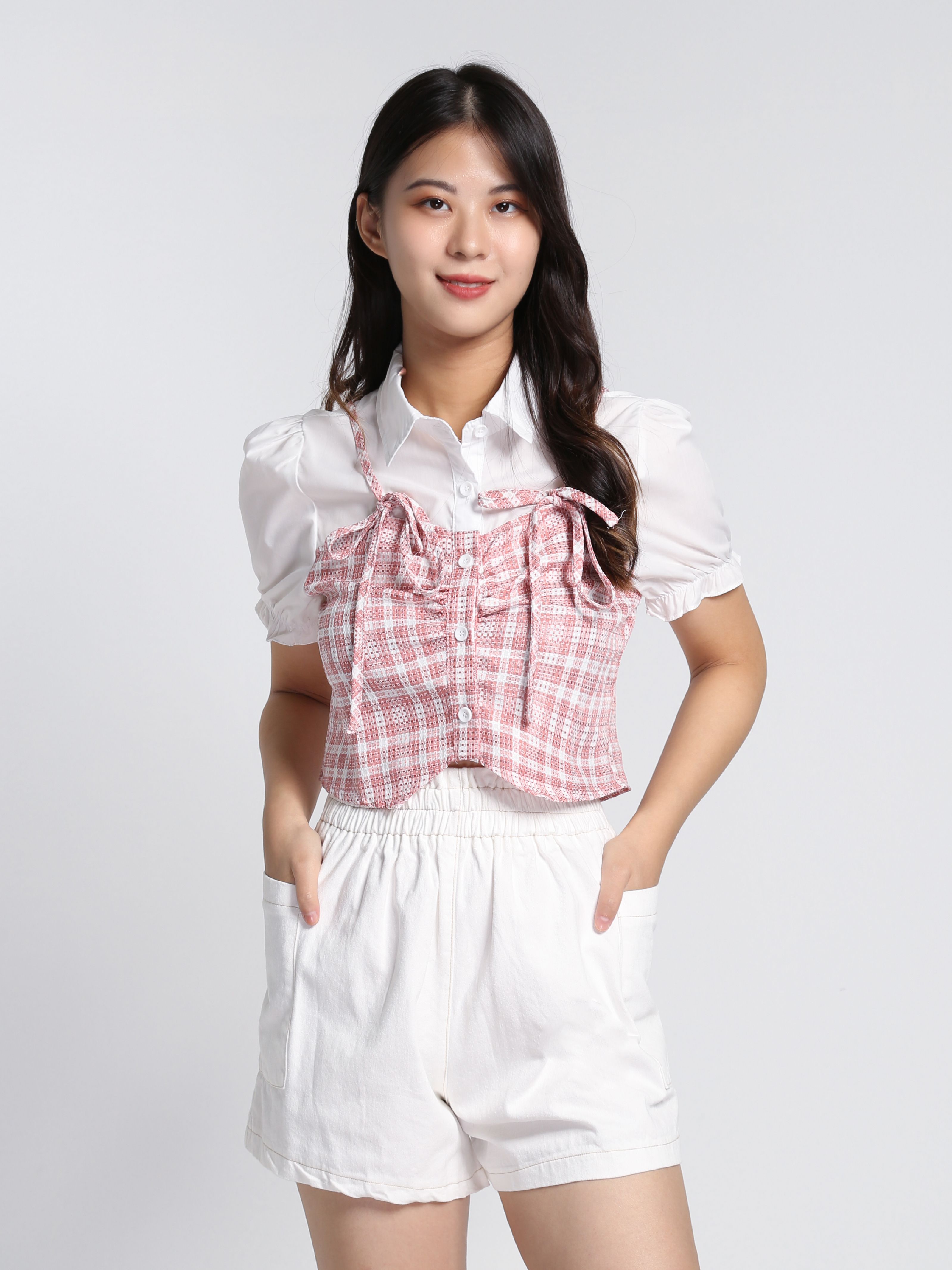 Fake Two Piece Checker Front Button Top 23925