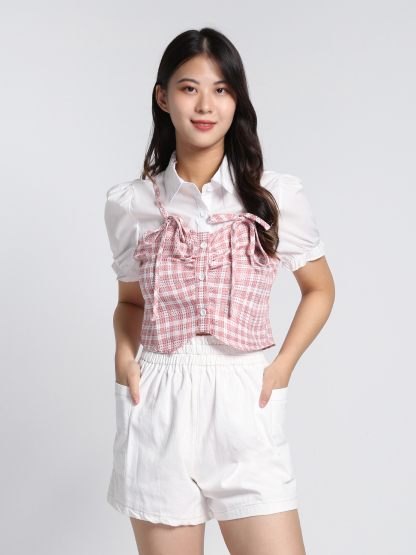 Fake Two Piece Checker Front Button Top 23925