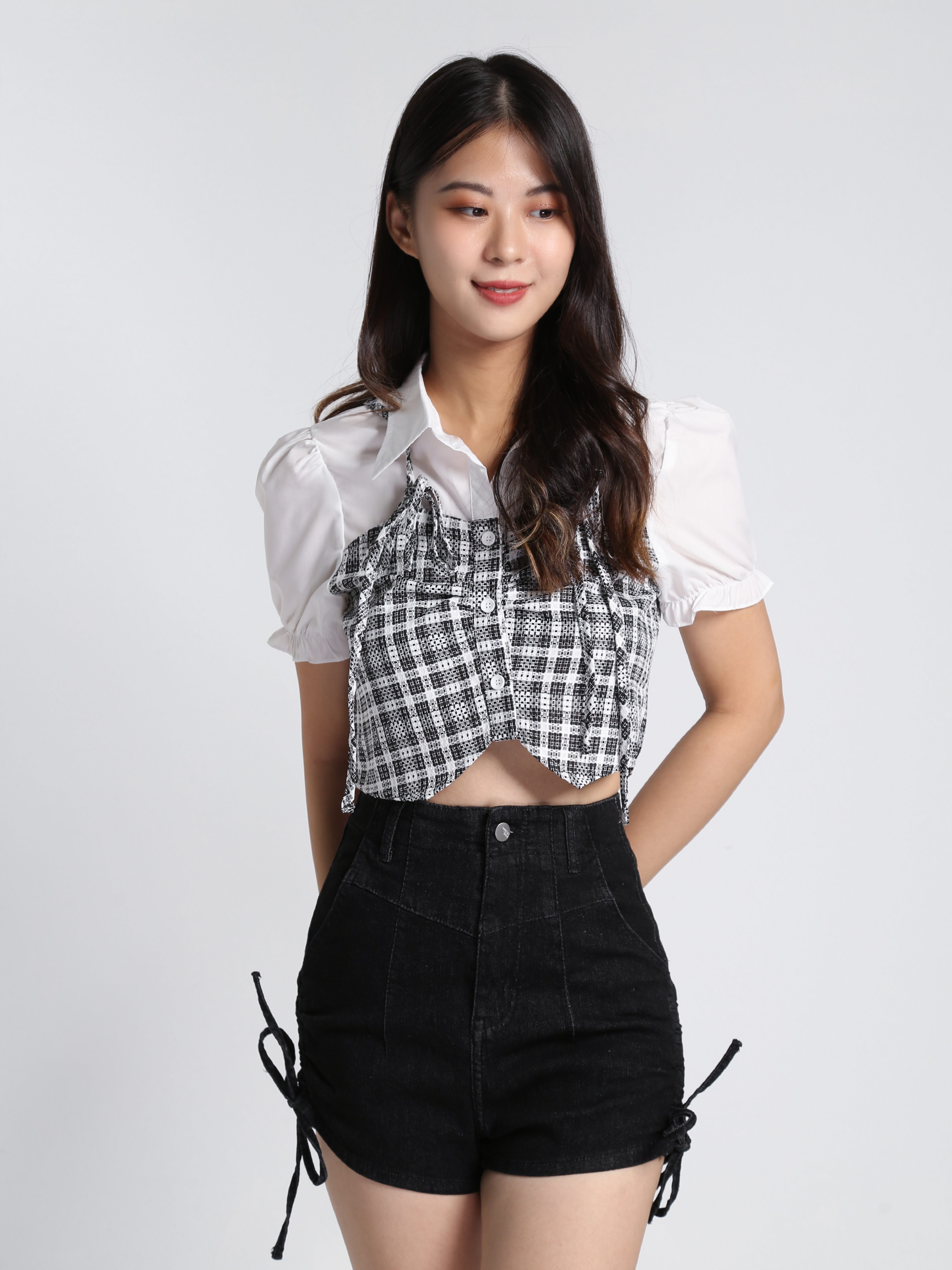 Fake Two Piece Checker Front Button Top 23925