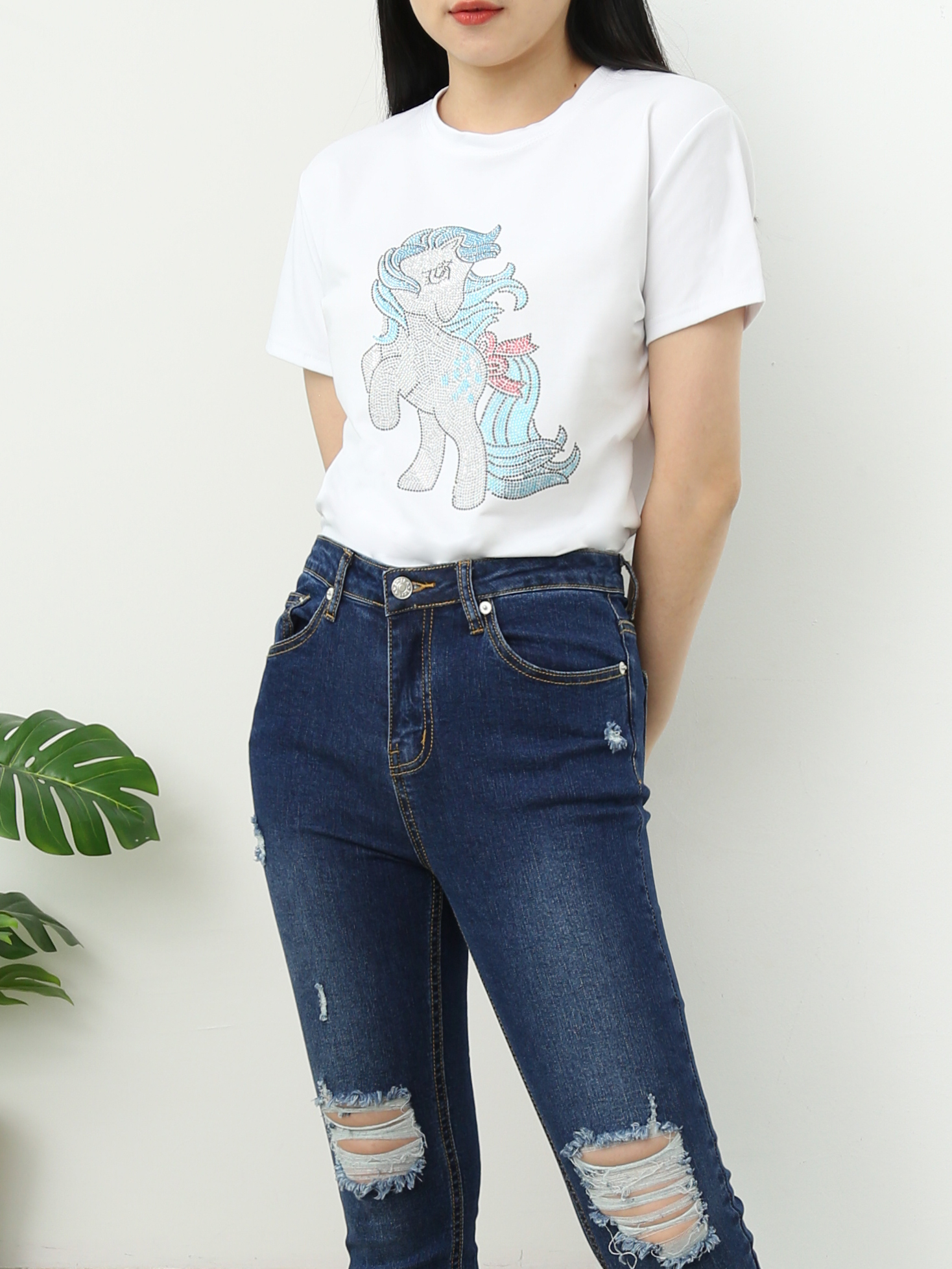 High Waist Denim Ripped Long Pants 25034