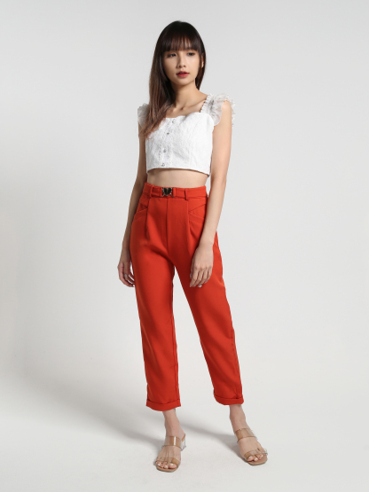 High Waist Front Decorative Belt Long Pants 26977
