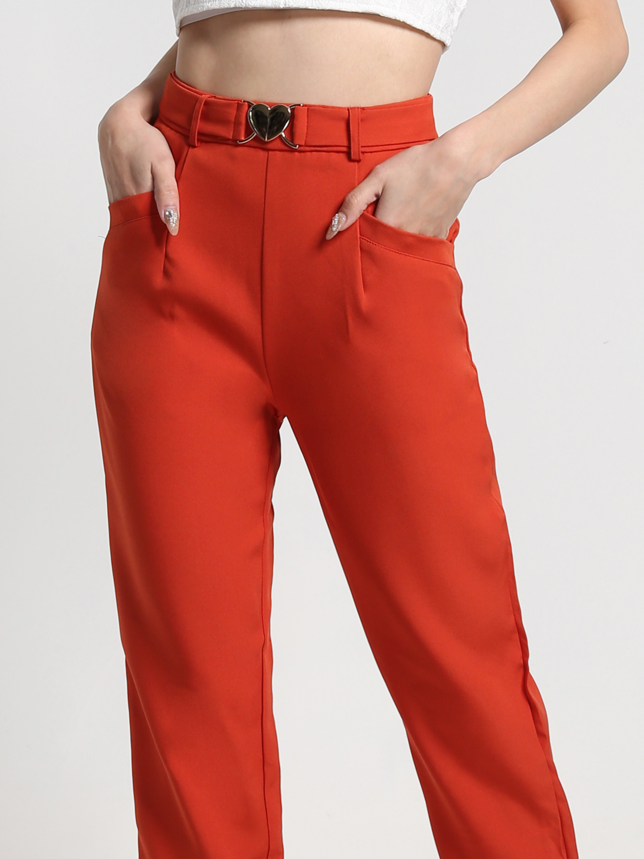 High Waist Front Decorative Belt Long Pants 26977