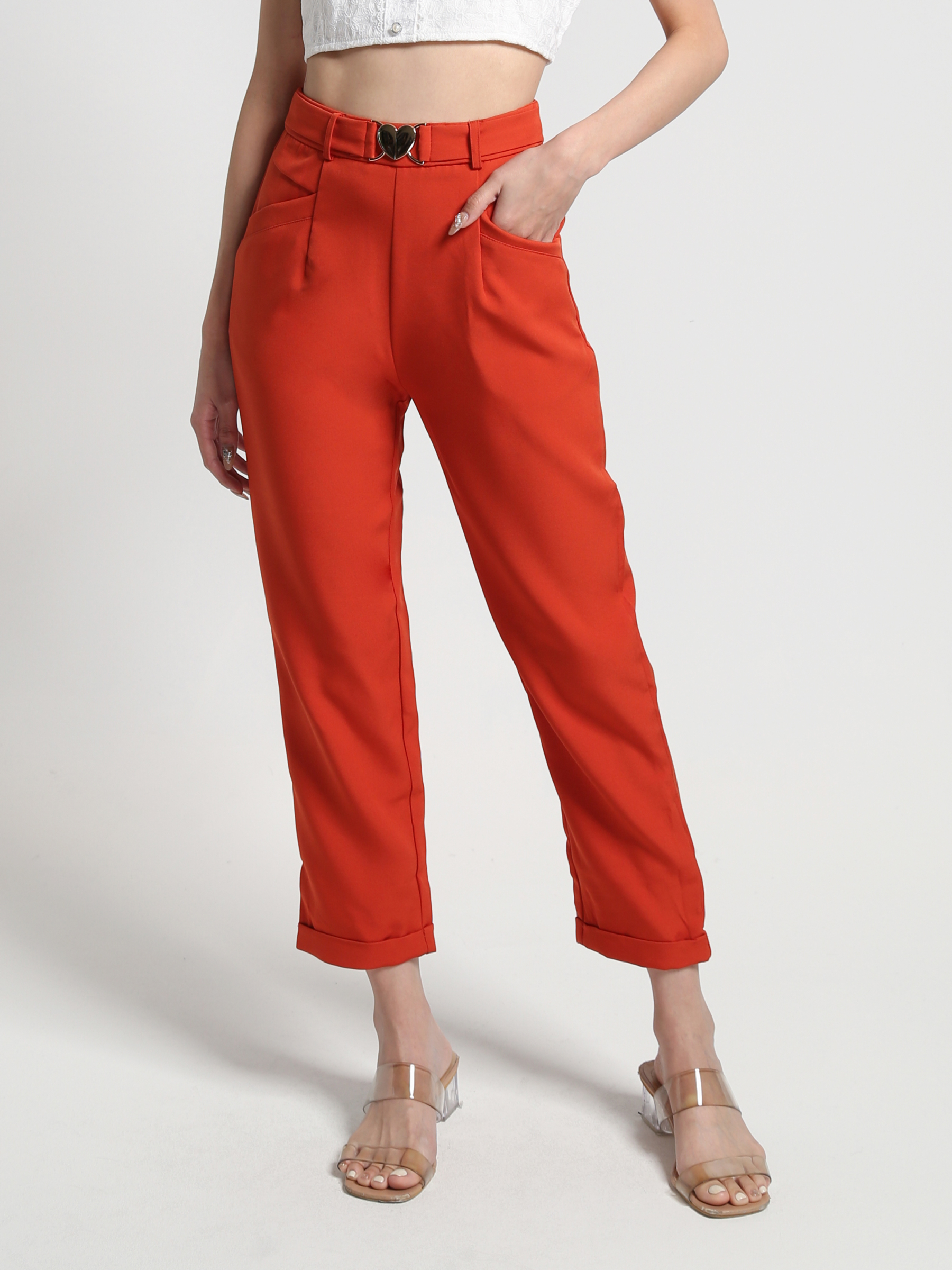 High Waist Front Decorative Belt Long Pants 26977