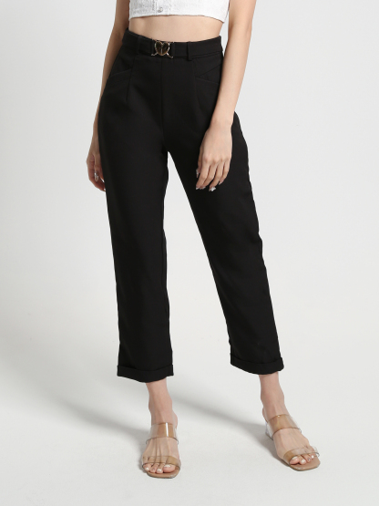 High Waist Front Decorative Belt Long Pants 26977