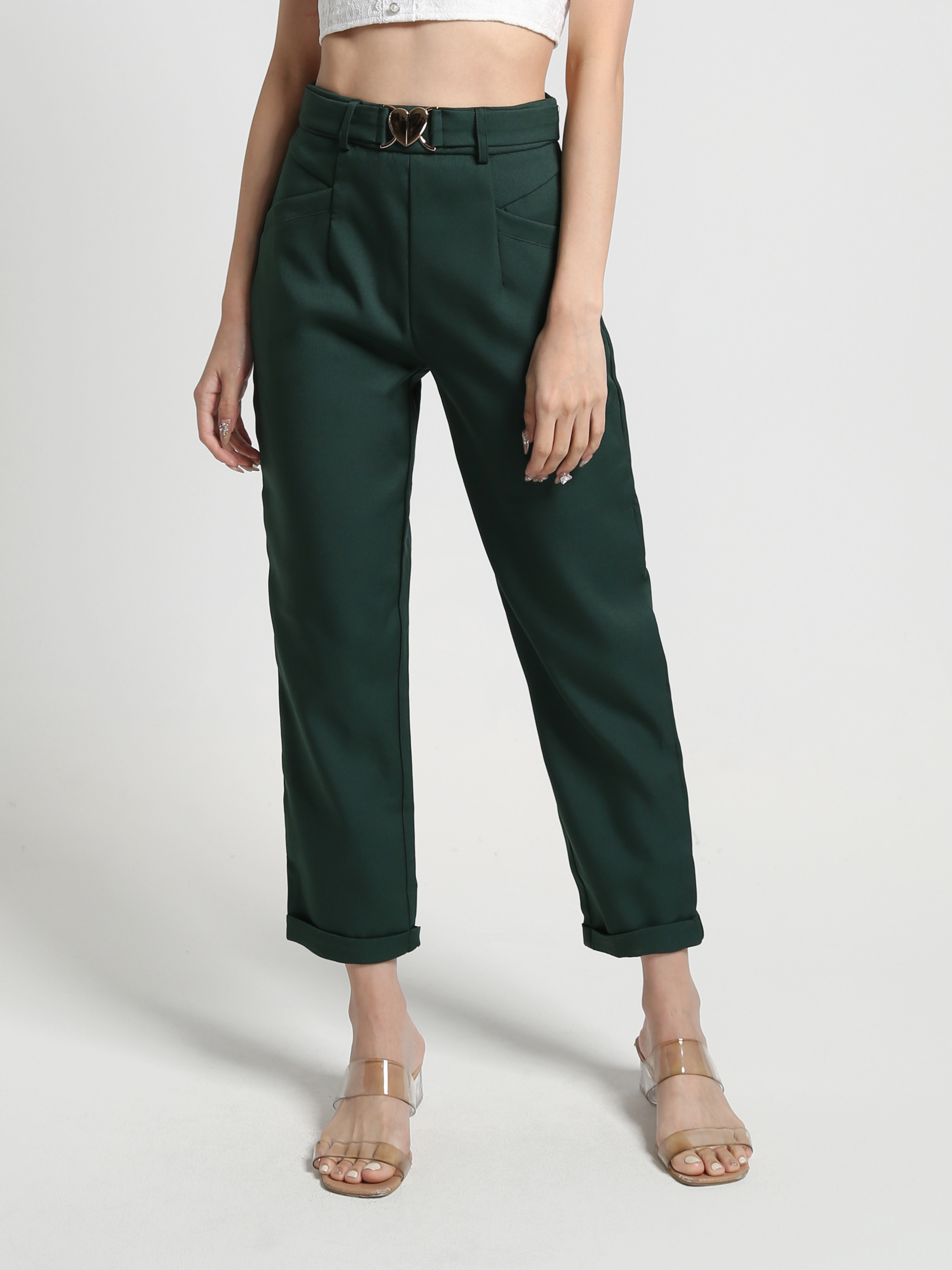 High Waist Front Decorative Belt Long Pants 26977