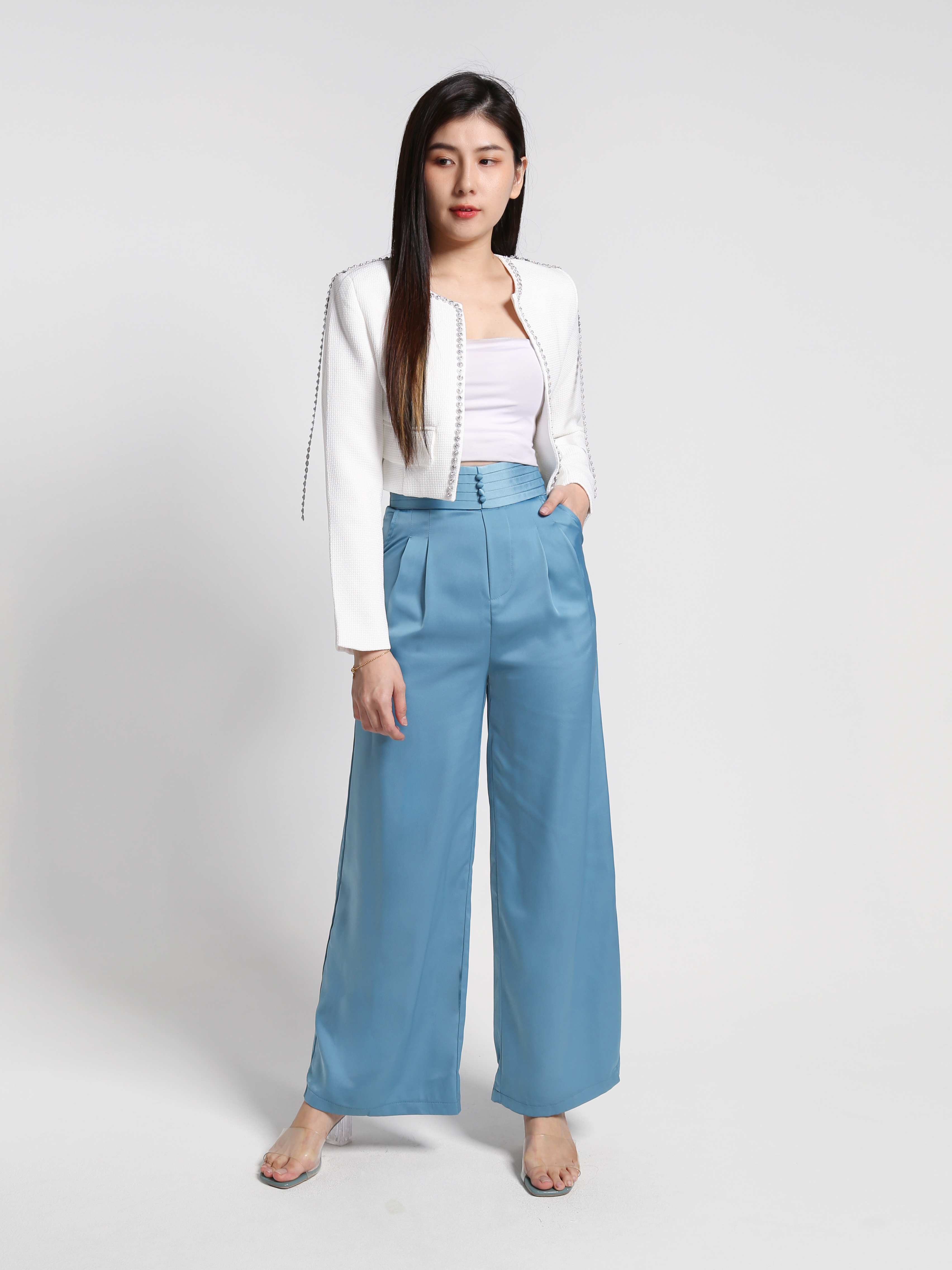 High Waist Back Zip With Pleated Long Pants 27090
