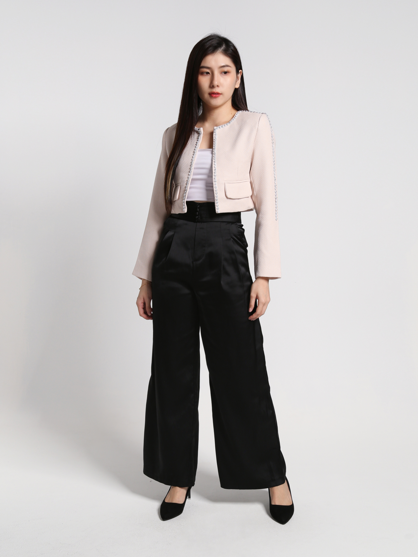 High Waist Back Zip With Pleated Long Pants 27090