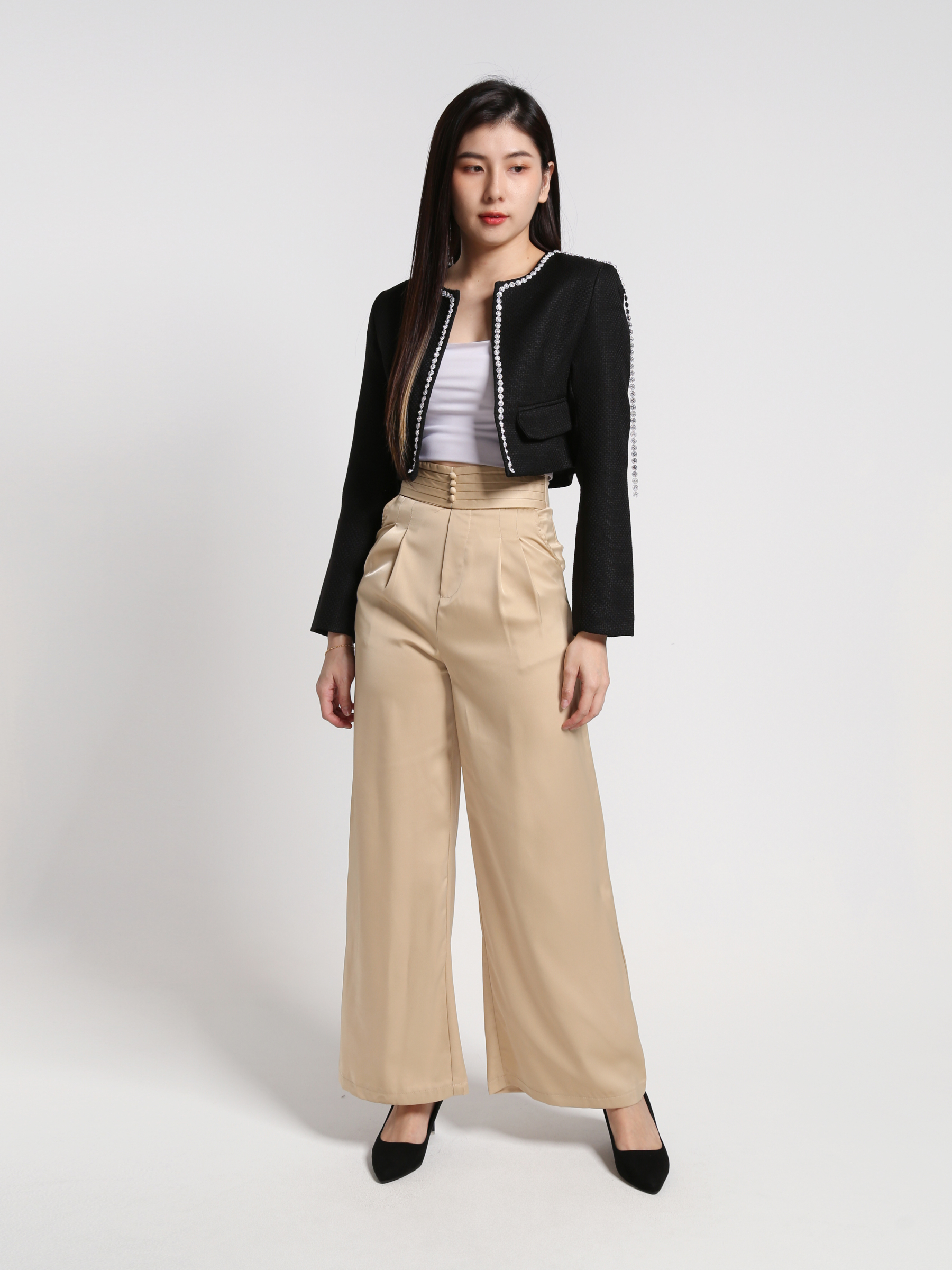 High Waist Back Zip With Pleated Long Pants 27090