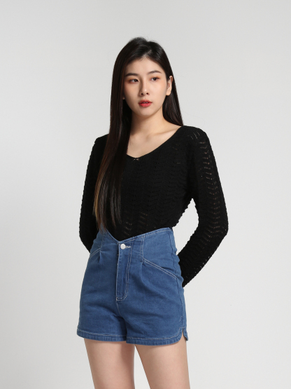 High Waist Denim Front Pocket Short Pants 27168
